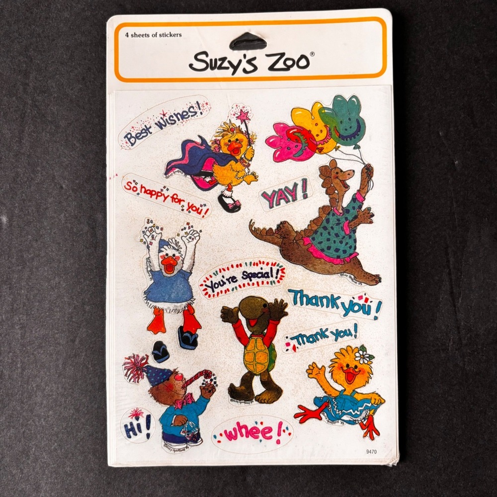 Vintage Suzys Zoo 4 Sheet Sticker Pack 9470 Animals Best Wishes Thank You 1990s